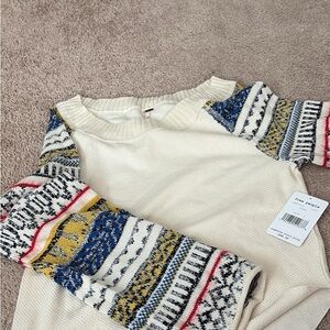 Free People Cream and Blue Crew Neck Sweater with Nordic Patterns
